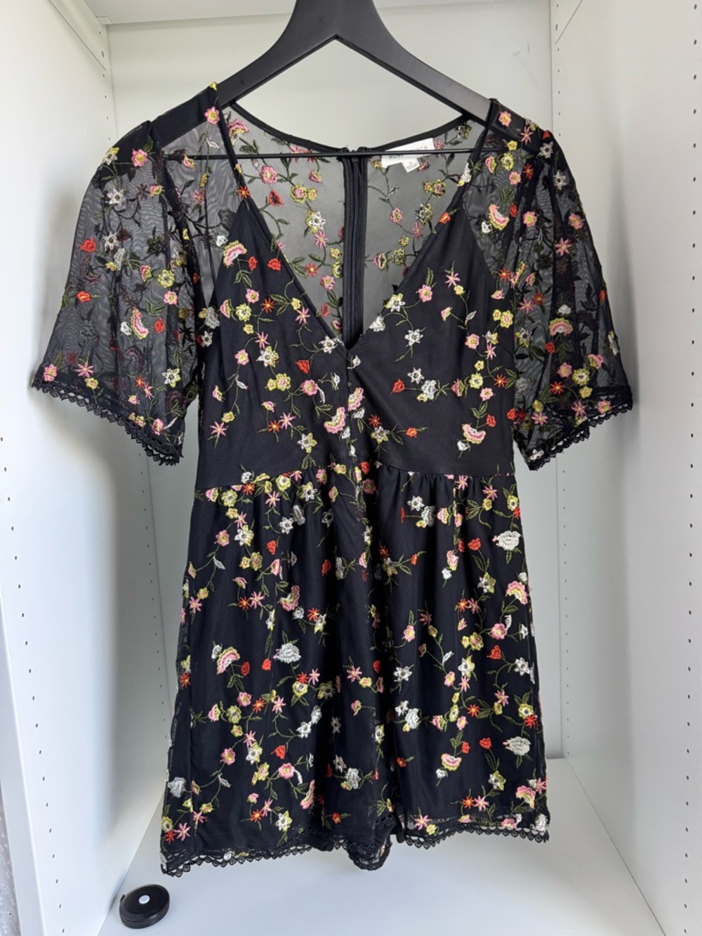 Honey Punch Black Mini Romper with Multicolor Floral Embroidery